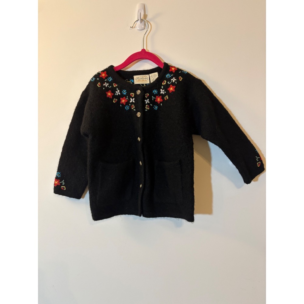 Heirlooms by Polly Flinders Girls Size 4 Black 100% Wool Embroidered Cardigan